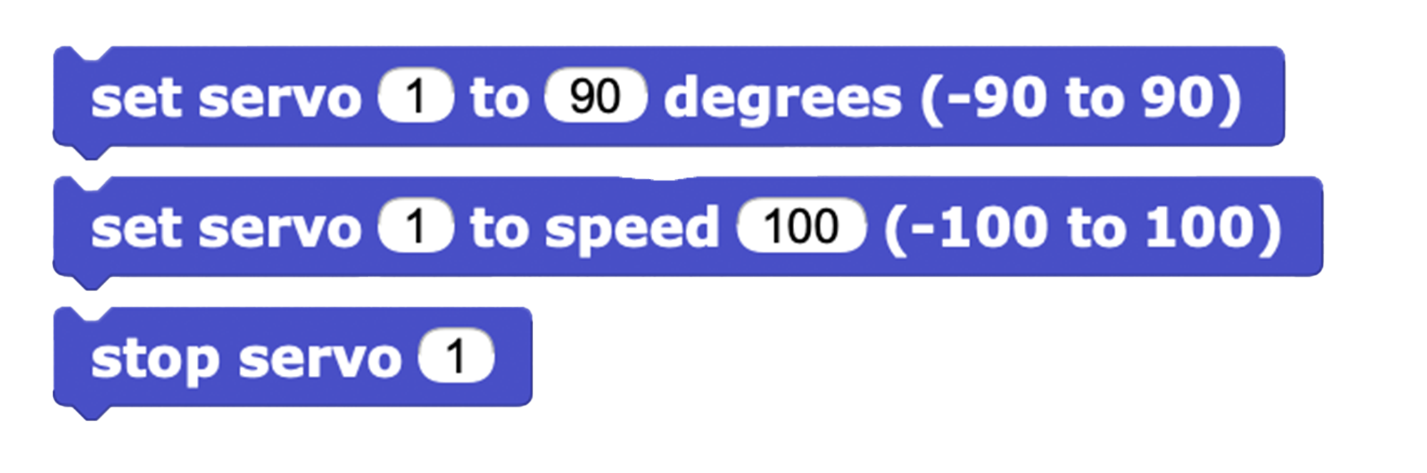 servo blocks, including set servo position, set servo speed, and stop servo